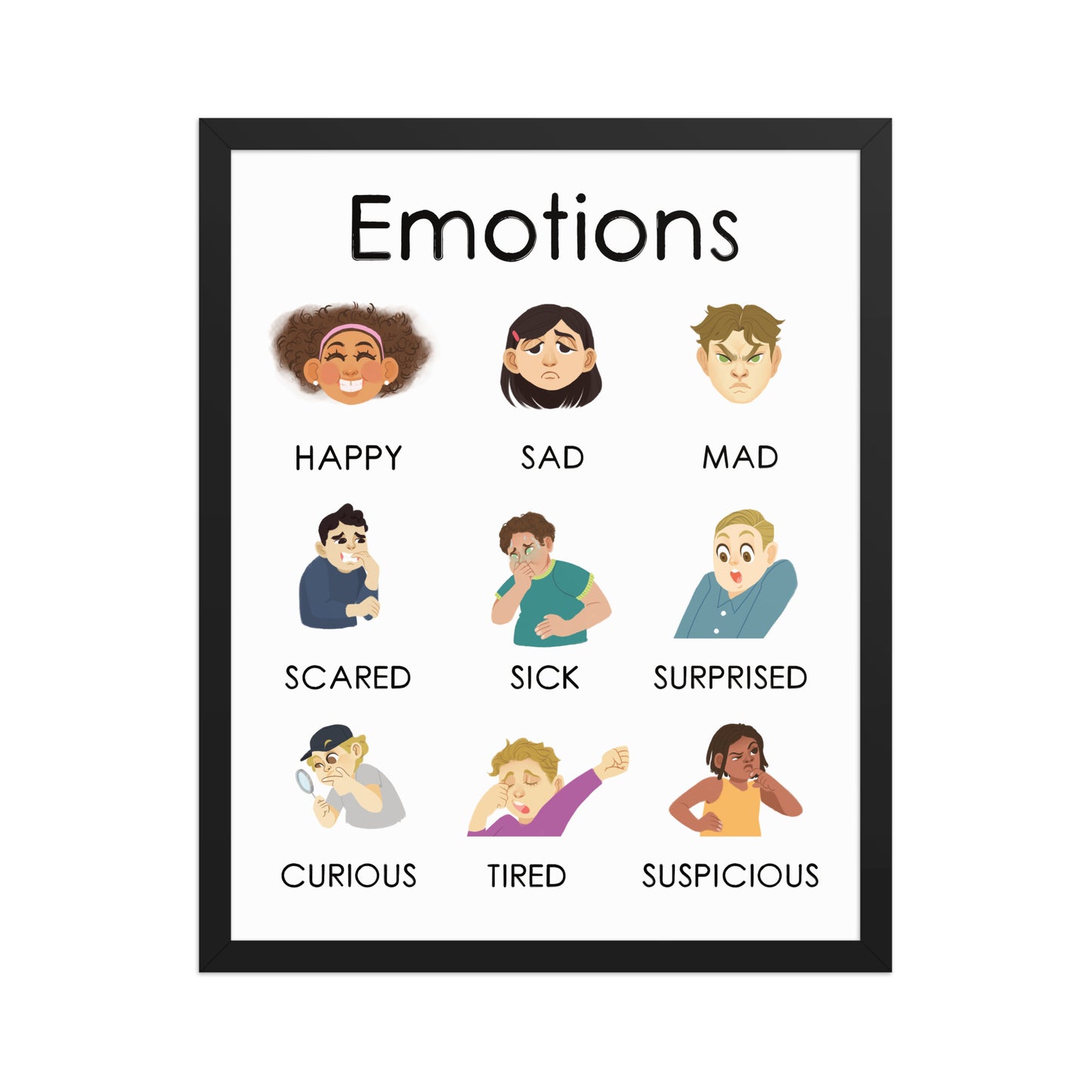 My Emotions Framed Poster from My Skills Books featuring happy, sad, mad, scared, sick, surprised, curious, tired and suspicious