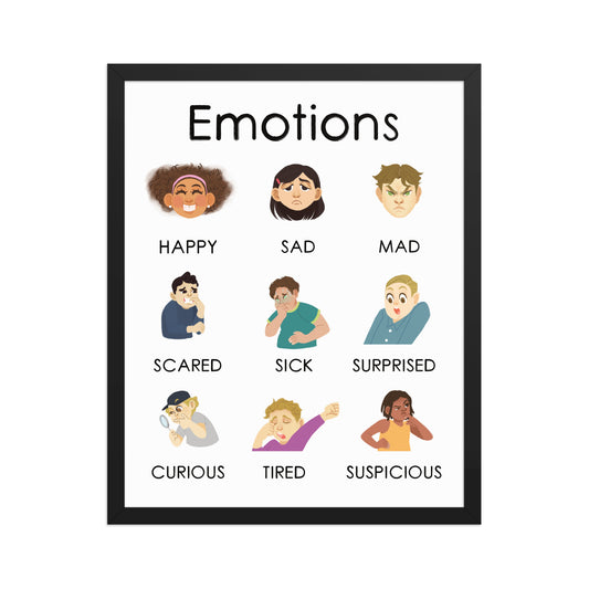 My Emotions Framed Poster from My Skills Books featuring happy, sad, mad, scared, sick, surprised, curious, tired and suspicious